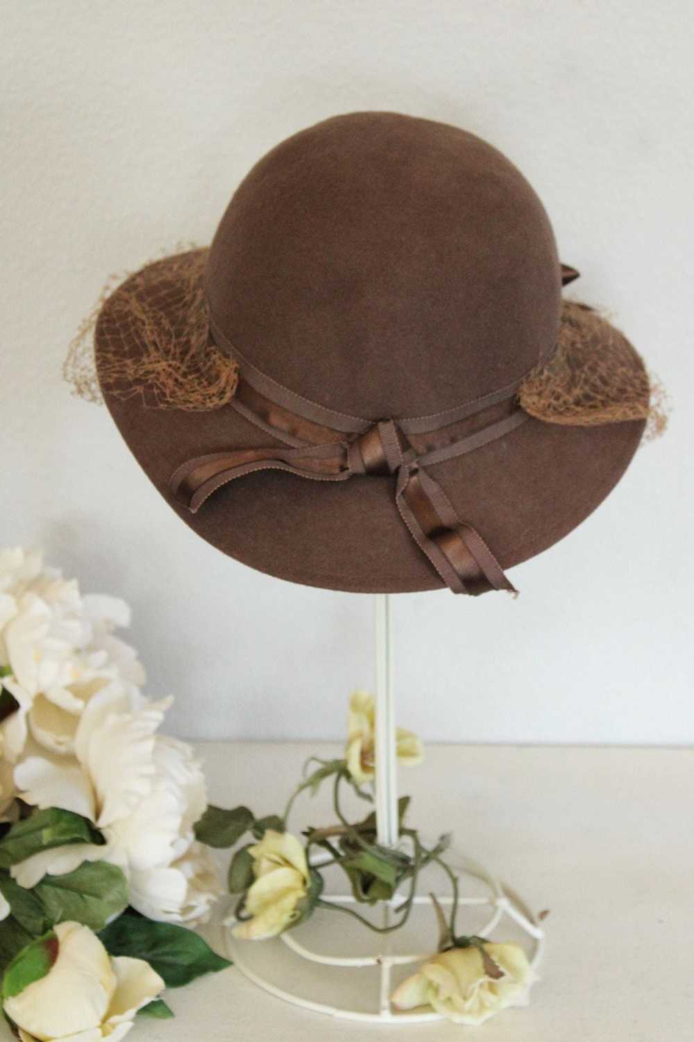 Vintage 1950s 1960s Brown Wool Felt Wide Brimmed … - image 6