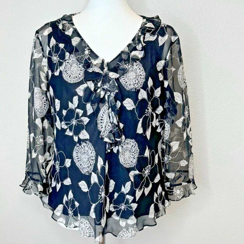 Vintage ICE Sheer Floral Silk Top Sm/Mdm Black Wh… - image 1