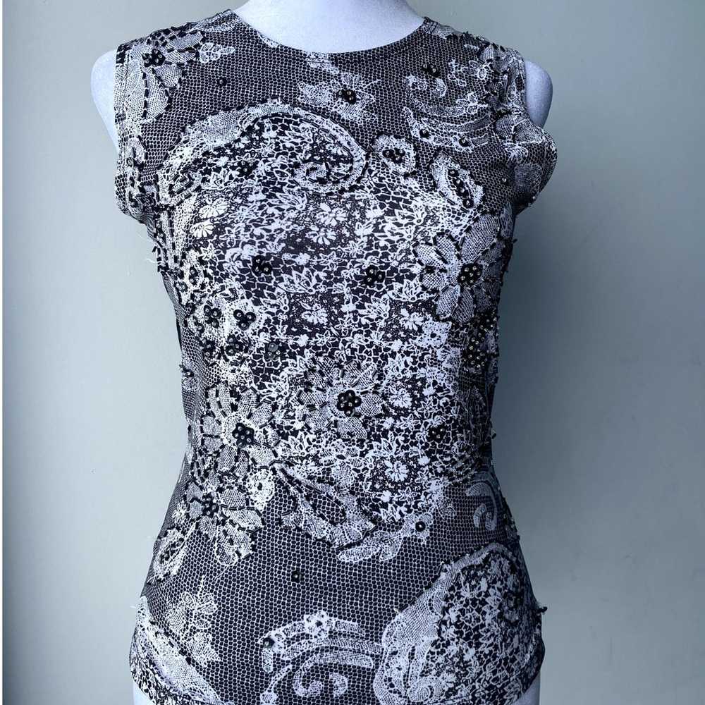 Vintage Black White Floral Beaded Lace Print Cira… - image 1