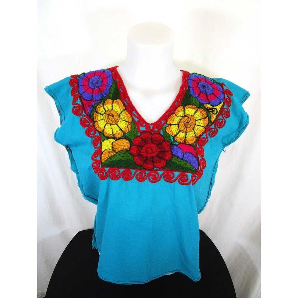 VTG Handmade Mexican Floral Embroidered Teal Blue… - image 1