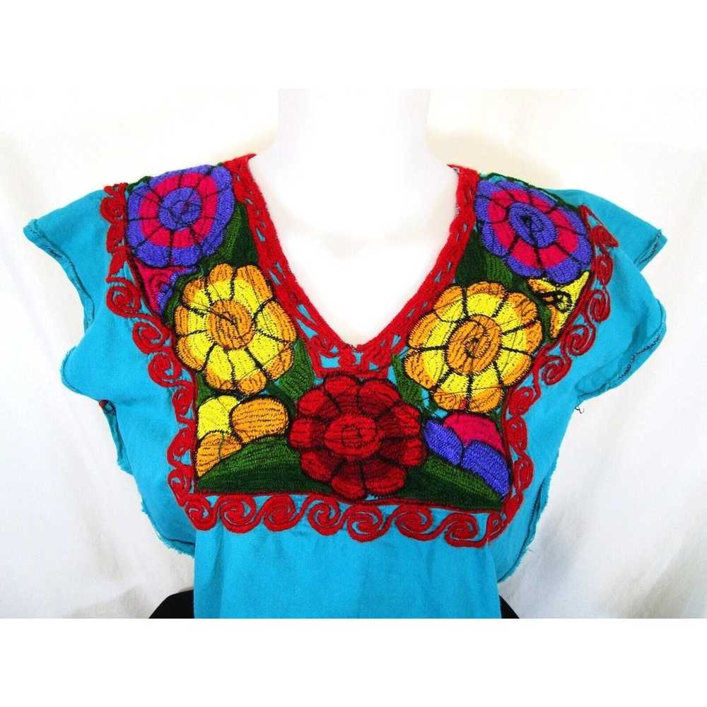 VTG Handmade Mexican Floral Embroidered Teal Blue… - image 2