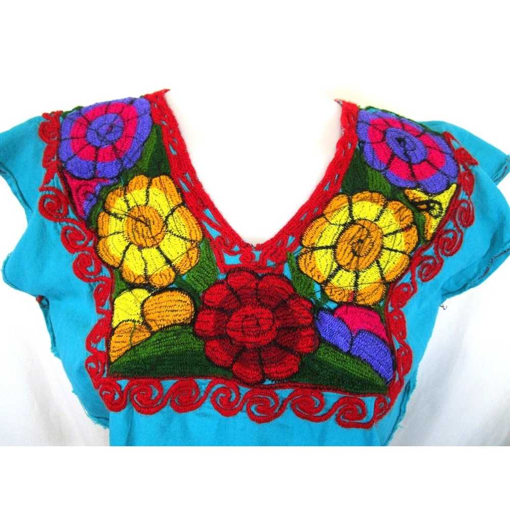 VTG Handmade Mexican Floral Embroidered Teal Blue… - image 4