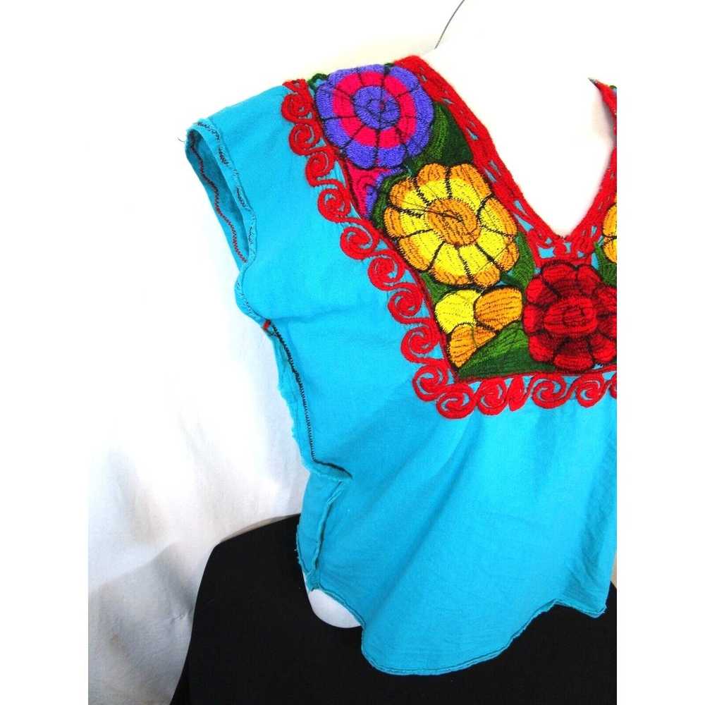 VTG Handmade Mexican Floral Embroidered Teal Blue… - image 5