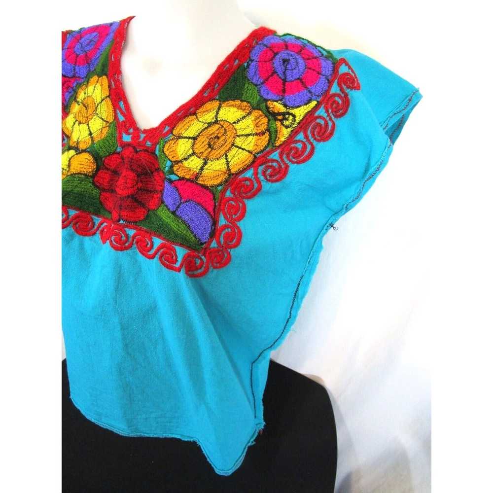 VTG Handmade Mexican Floral Embroidered Teal Blue… - image 6