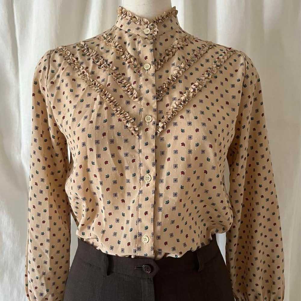 Frill blouse, long sleeve, polka dot pattern, ret… - image 4