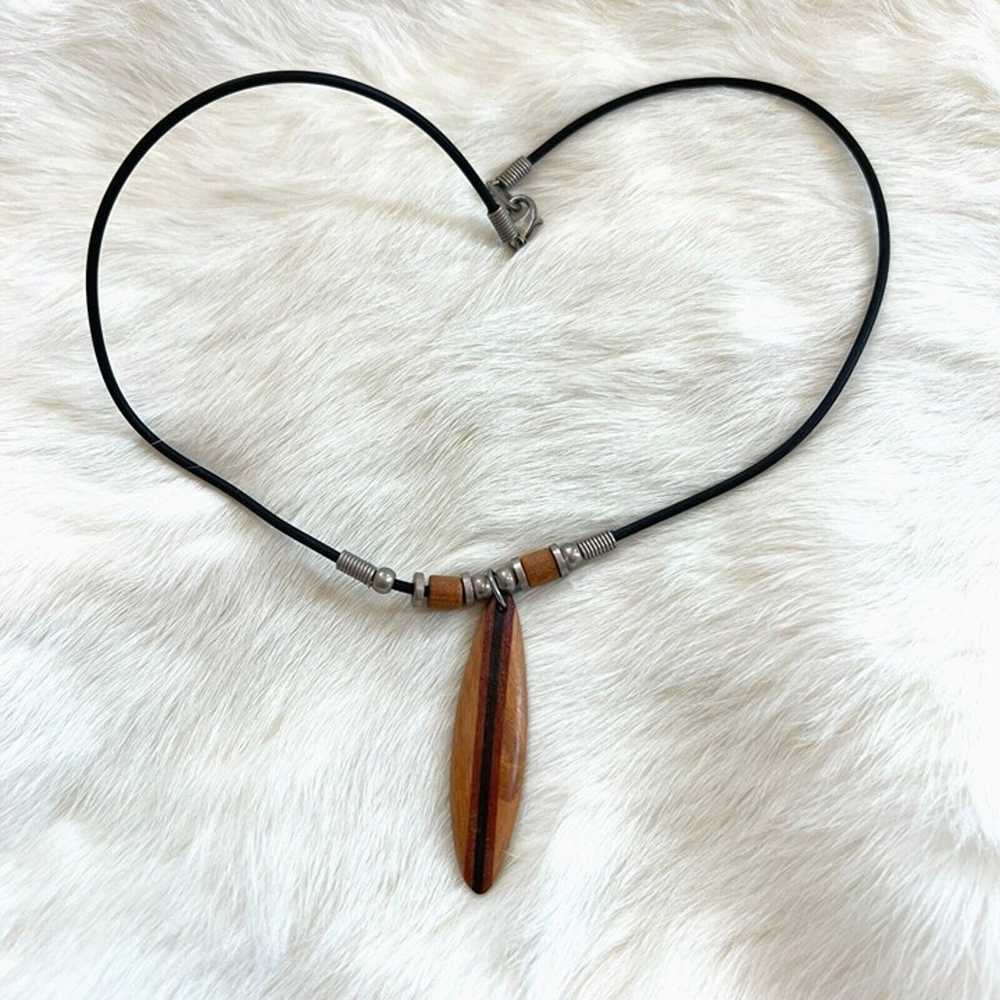 Vintage Surfboard Hand Carved Wood Pendant Neckla… - image 1