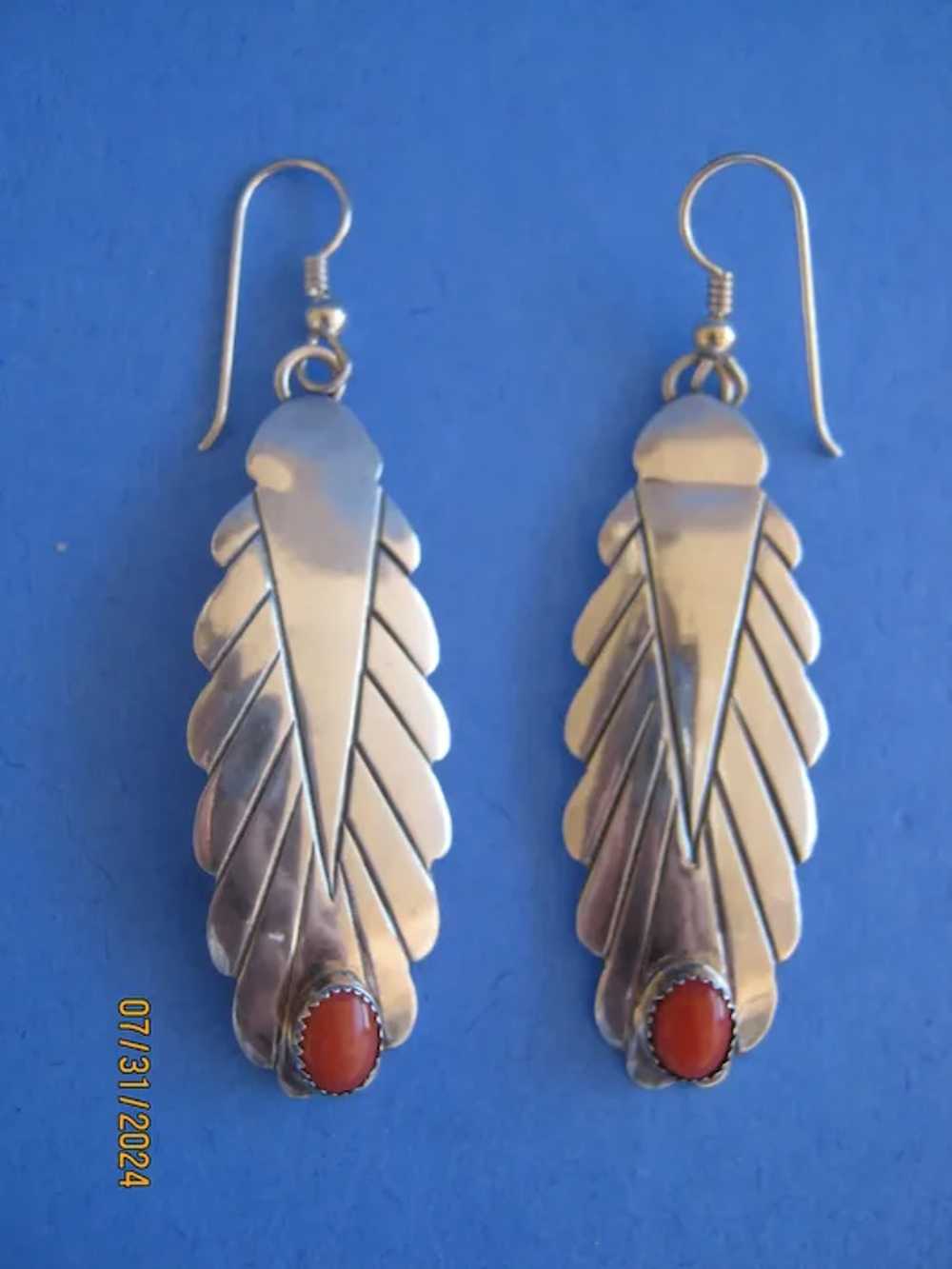 Navajo Sterling Earrings with Coral Stones - image 2