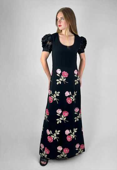 70's Vintage Fink Model Black Crepe Lurex Floral … - image 1