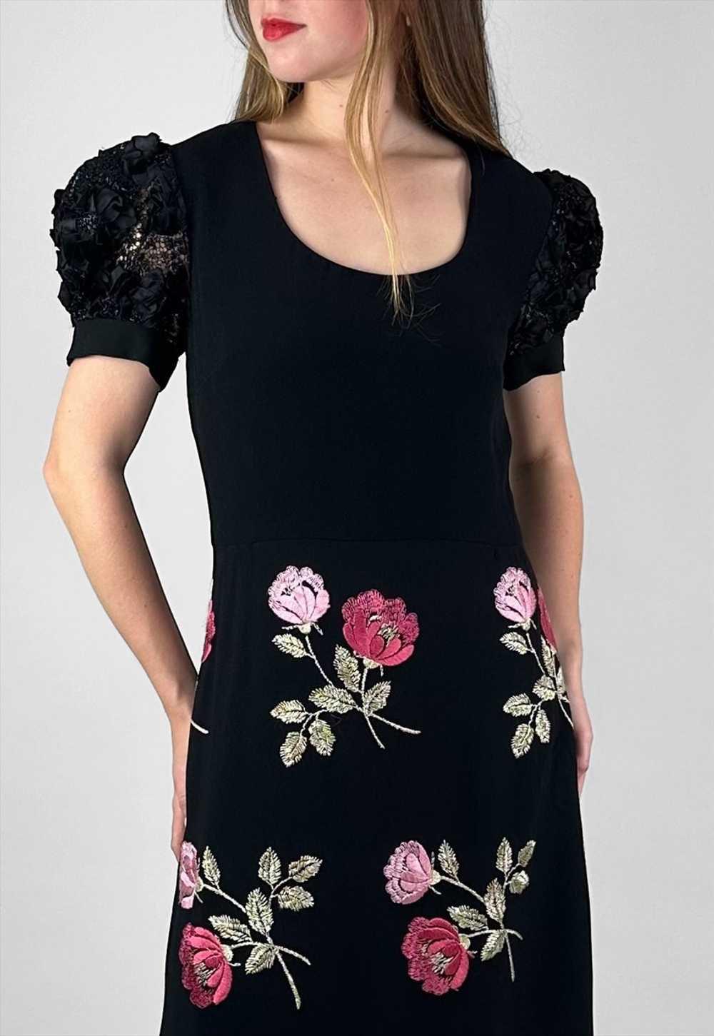 70's Vintage Fink Model Black Crepe Lurex Floral … - image 2