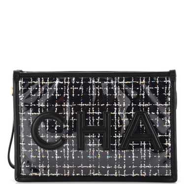 CHANEL Logo Wristlet Clutch PVC Over Quilted Tweed