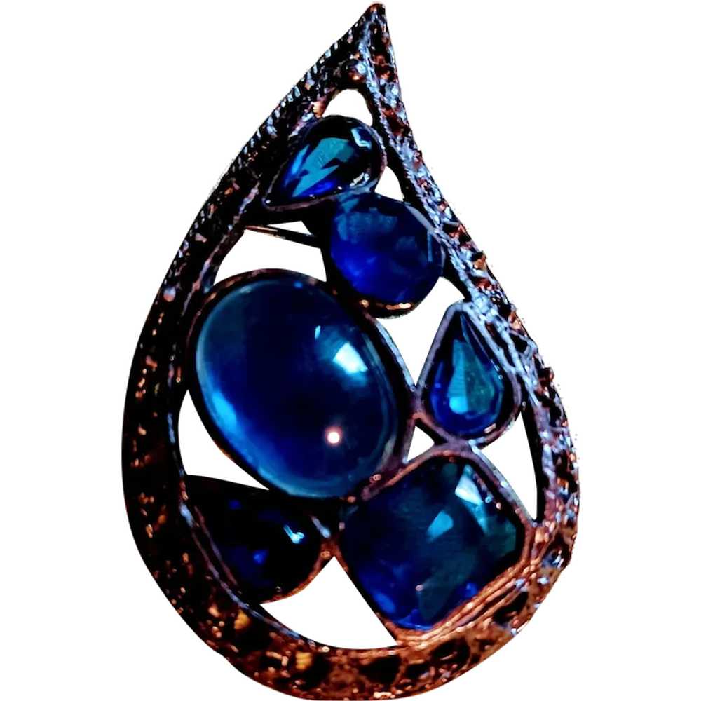 Paisley Shaped Blue Cabochon Stones Dark Silverto… - image 1