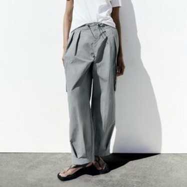 パンツ ZARA parachute cargo pants dead stock Zara Parachute Pants Trousers Silver Metallic Cargo Mid-Rise