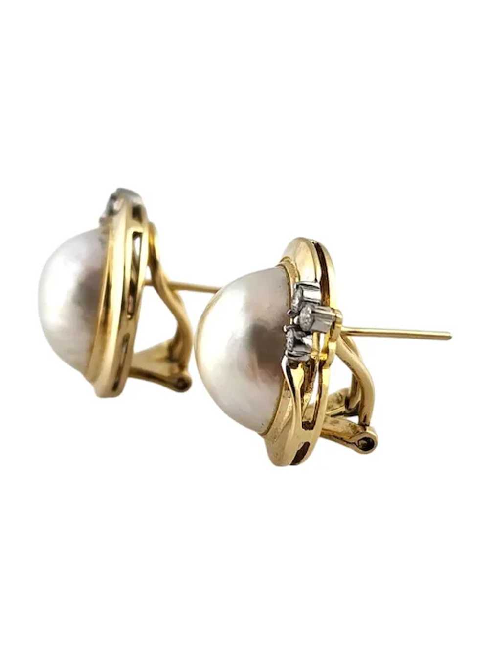 14 Karat Yellow Gold Pearl and Diamond Button Ear… - image 3