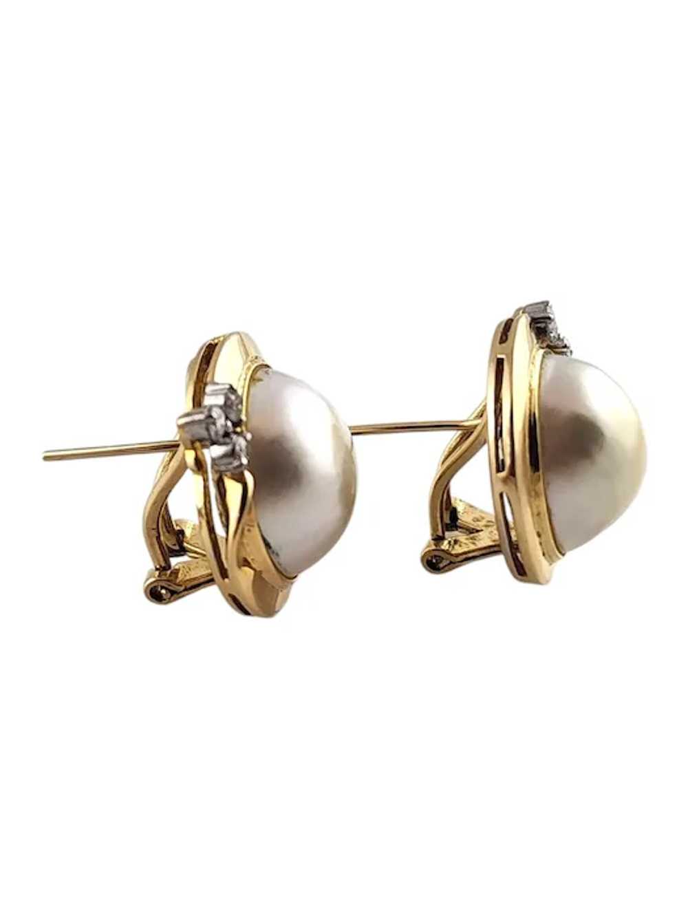 14 Karat Yellow Gold Pearl and Diamond Button Ear… - image 4