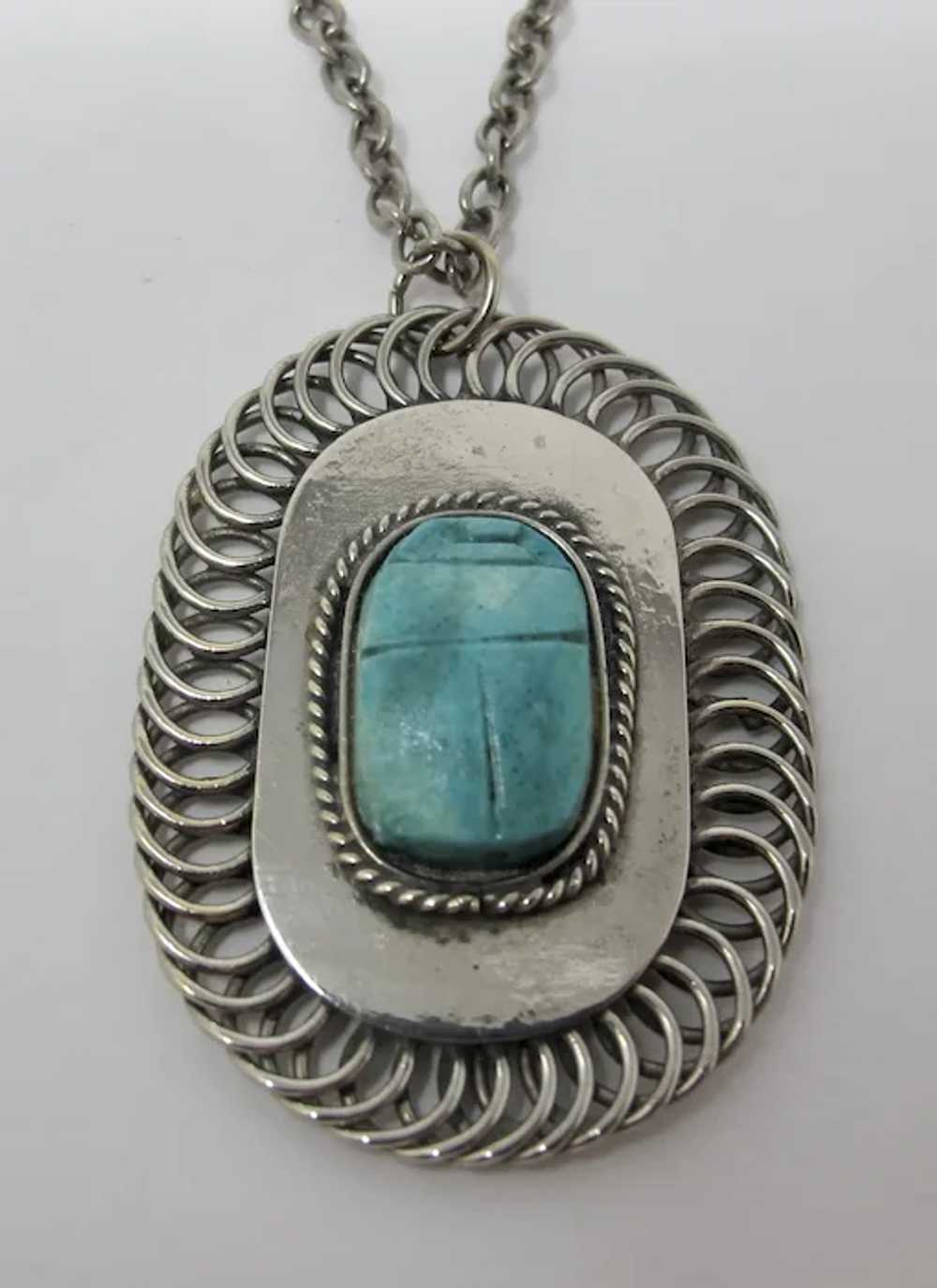 1970s Faux Turquoise Scarab Beetle Pendant Neckla… - image 2