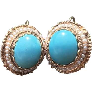 14K Yellow Gold Turquoise and Pearl Earrings