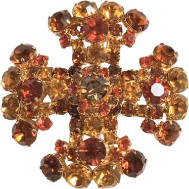 Rhinestone Maltese cross brooch pendant orange yel