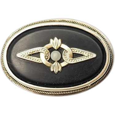 Retro vintage gilt 875 silver black oval brooch pi