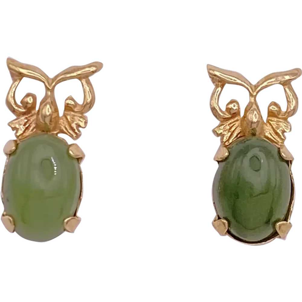 Vintage OWL Stud Earrings 14K Gold and Jade - image 1