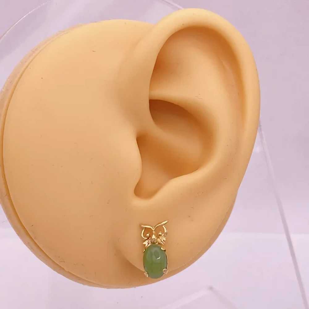 Vintage OWL Stud Earrings 14K Gold and Jade - image 2