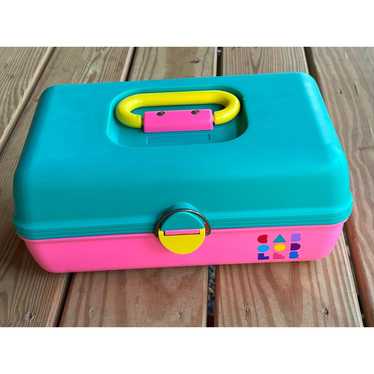 Vintage Caboodle make up case 2602. Teal/Pink/Yell