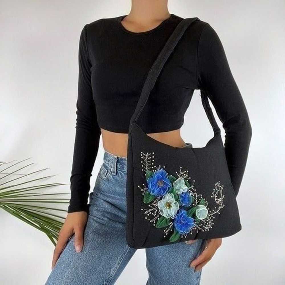 Vintage 90s Black Floral Cottagecore Shoulder Bag… - image 1