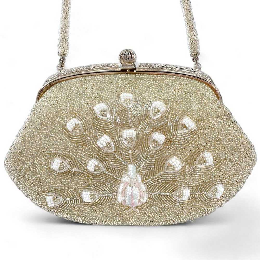 Bead Bag Handbag Peacock Champagne Silver B-0755 - image 2