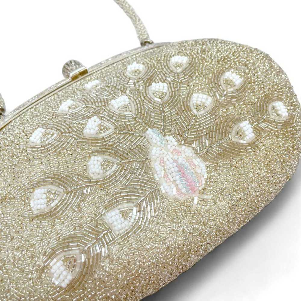 Bead Bag Handbag Peacock Champagne Silver B-0755 - image 4