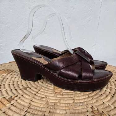 Vintage Born Brown Leather Chunky Wedge Pkatform … - image 1