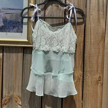 VINTAGE SHEER LACE MINT BEADED RUFFLE TOP