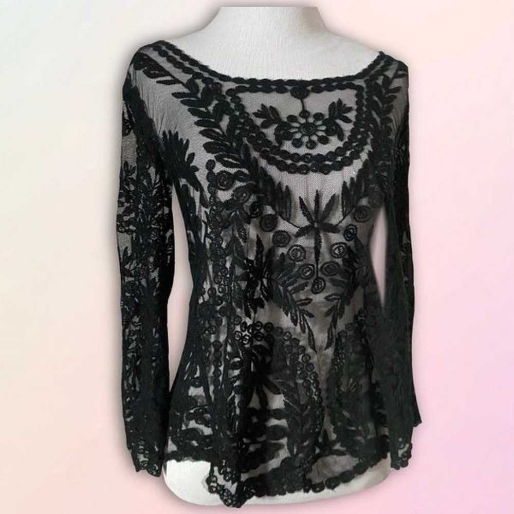 Vintage, Black, Sheer, 3/4 Sleeve, Lace Blouse - image 1