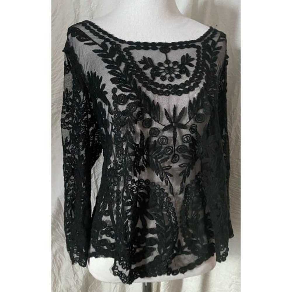 Vintage, Black, Sheer, 3/4 Sleeve, Lace Blouse - image 2