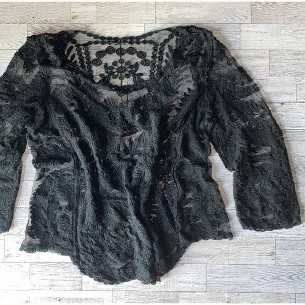 Vintage, Black, Sheer, 3/4 Sleeve, Lace Blouse - image 4