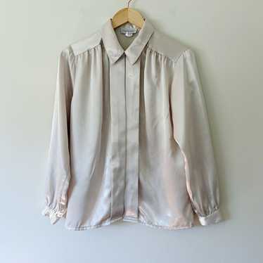 Vintage Beige Satin Long Sleeve Blouse - image 1