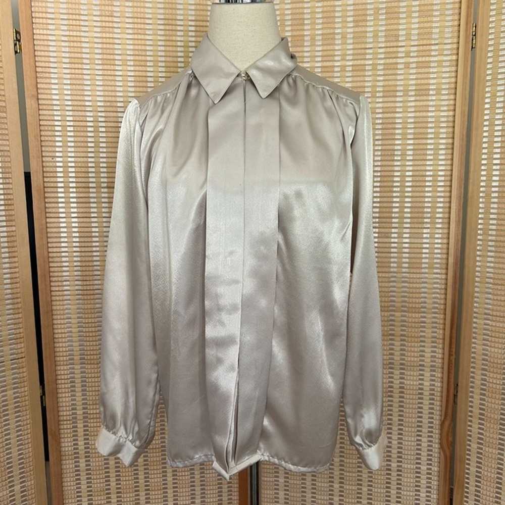 Vintage Beige Satin Long Sleeve Blouse - image 3