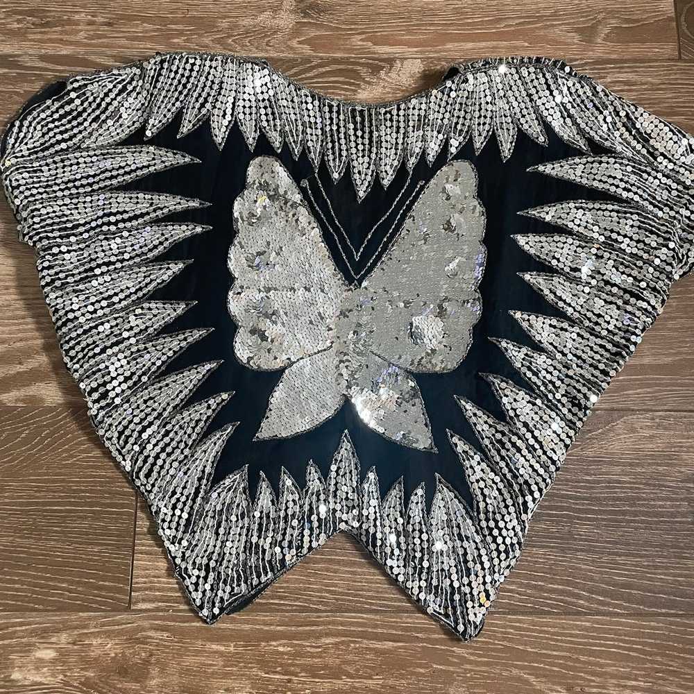 Vintage Sequin Beaded 100% Silk Butterfly Top Ove… - image 11