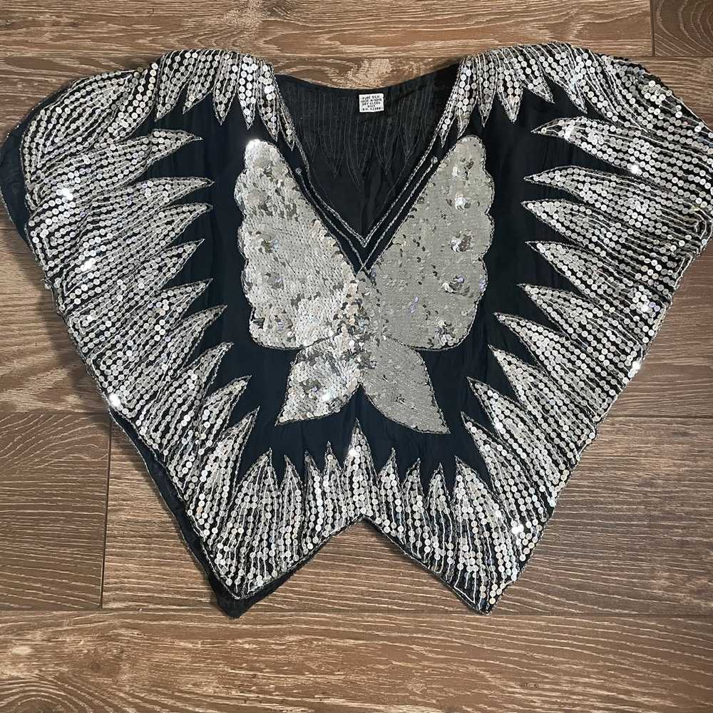 Vintage Sequin Beaded 100% Silk Butterfly Top Ove… - image 1