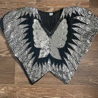 Vintage Sequin Beaded 100% Silk Butterfly Top Ove… - image 1