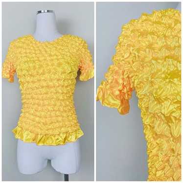 Y2K Vintage Yellow Crinkle Shirt / Ruffled Short S