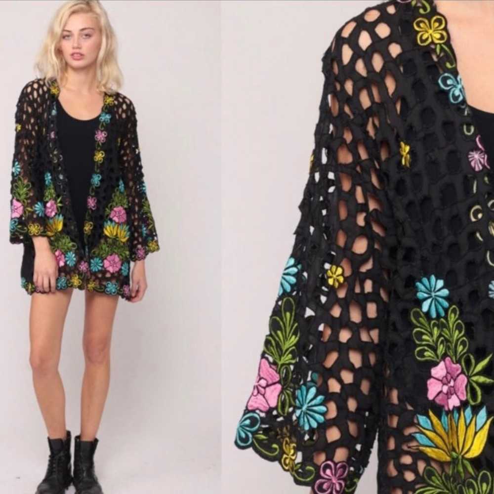 NWOT  Vintage Retro Floral Embroidered Boho Kimono - image 6