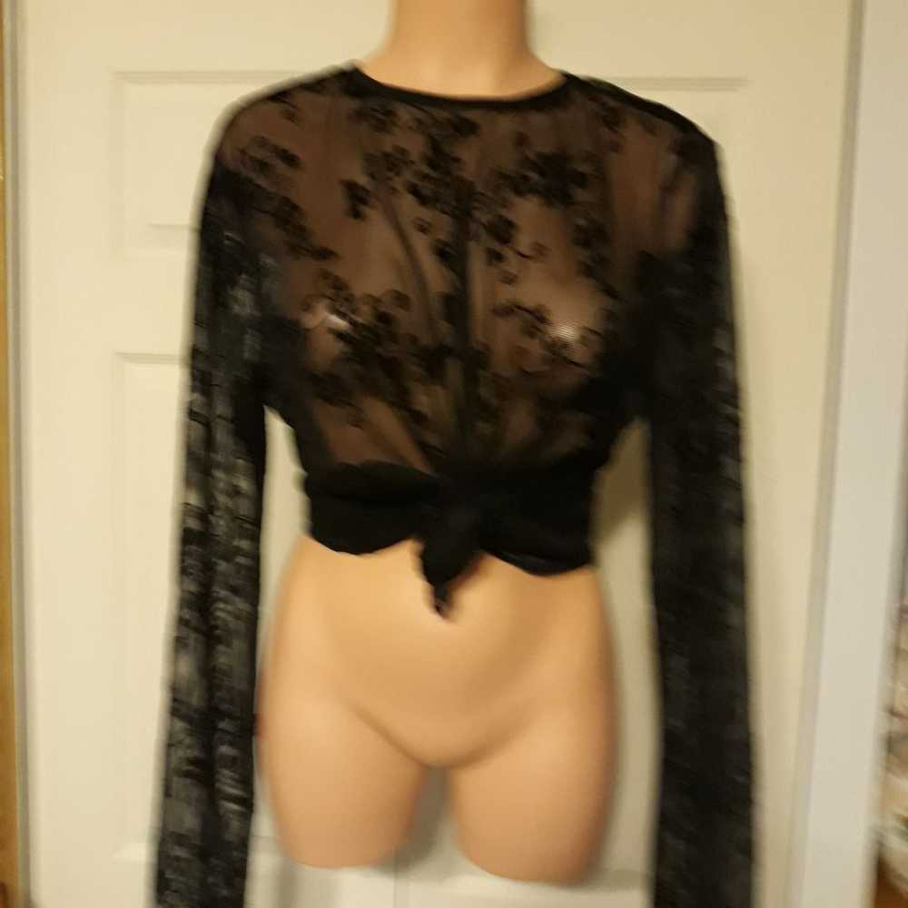 Vintage Black Mesh Velvet Flocked Top - image 1