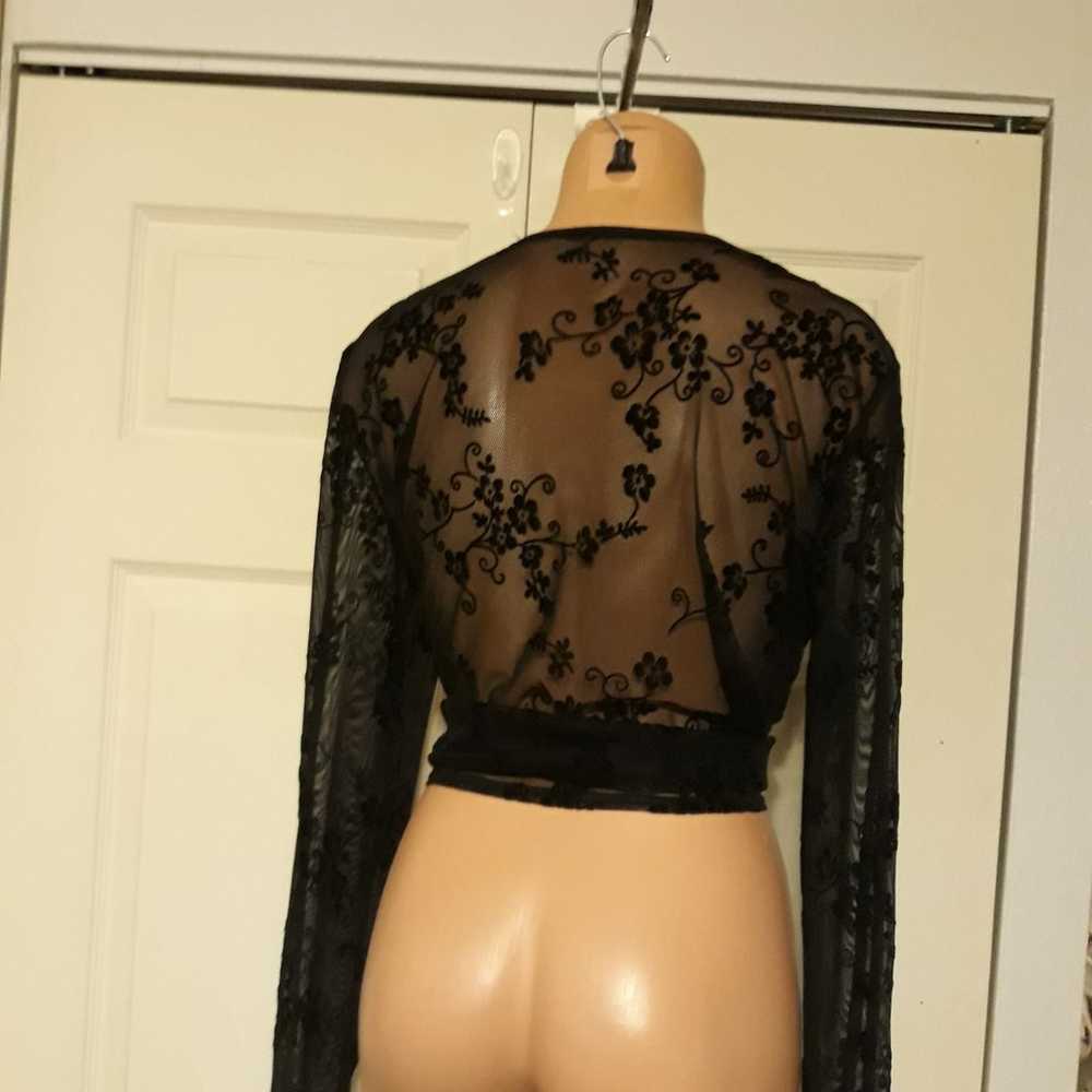 Vintage Black Mesh Velvet Flocked Top - image 3