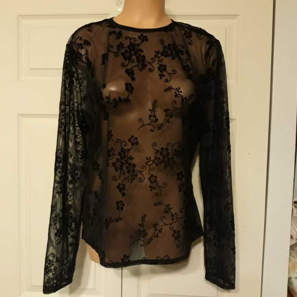 Vintage Black Mesh Velvet Flocked Top - image 4