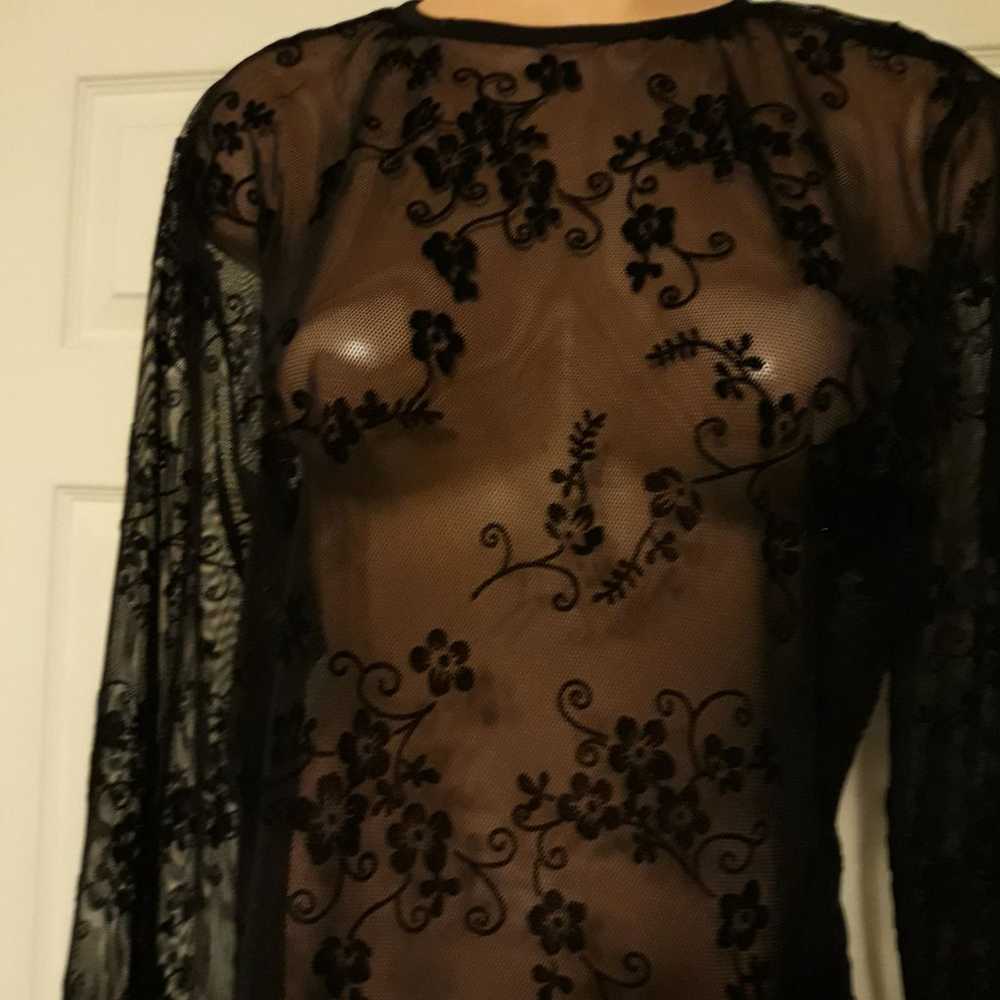 Vintage Black Mesh Velvet Flocked Top - image 6