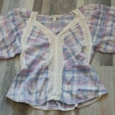 Vintage America Womens Medium Boho plaid lace blo… - image 1