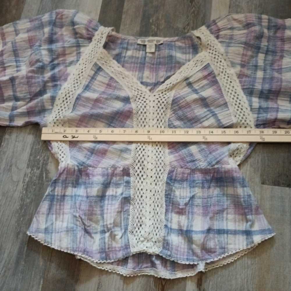 Vintage America Womens Medium Boho plaid lace blo… - image 5