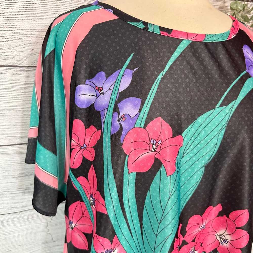 Vintage 80's Tee Shirt Floral Flower Satin Dot Ov… - image 2