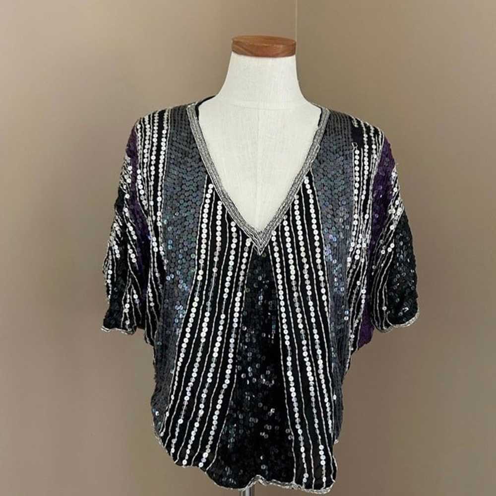 VTG NYE Butterfly Silk Sequin beaded Top - image 2