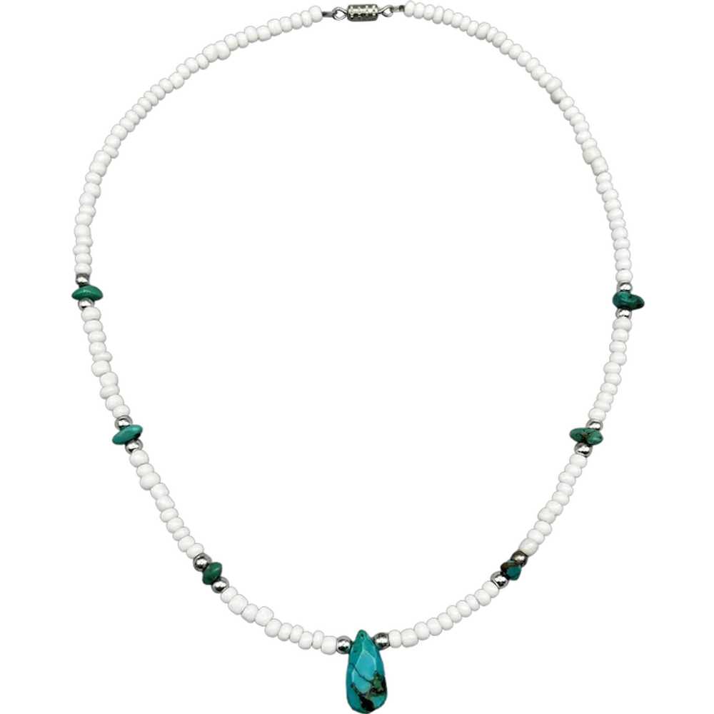 Vintage Turquoise & White Beaded Necklace with Te… - image 1