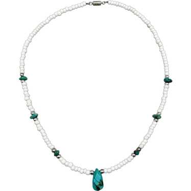 Vintage Turquoise & White Beaded Necklace with Te… - image 1